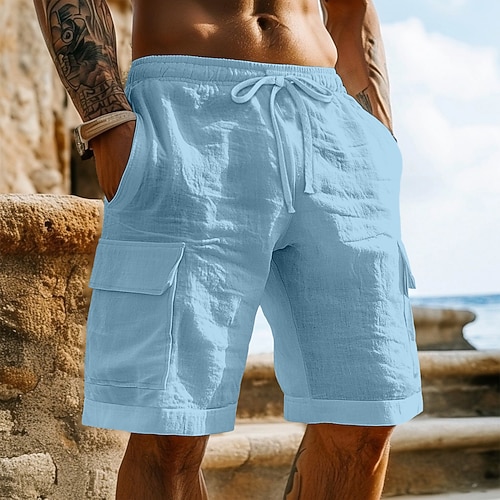 Herren Cargo-Shorts Shorts Leinenshorts Sommershorts Strandshorts Kordelzug Elastischer Bund Mehrere Taschen Einfach Knielang Outdoor Täglich Strand Urlaub Hawaiianisch Schwarz Weiß Dehnbar Image