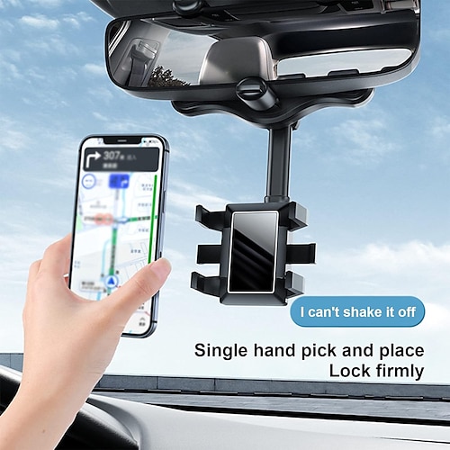 Multifunktionale, um 360 Grad drehbare Handyhalterung für den Autorückspiegel. Multifunktionale Handyhalterung für den Rückspiegel. Verstellbare, universelle Handyhalterung fürs Auto. Kompatibel mit allen Smartphones.