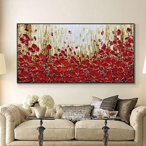 handgefertigtes Ölgemälde auf Leinwand, Wandkunst, Dekoration, 3D-Spachtel, rote Blume für die Inneneinrichtung, gerolltes, rahmenloses, ungedehntes Gemälde Image