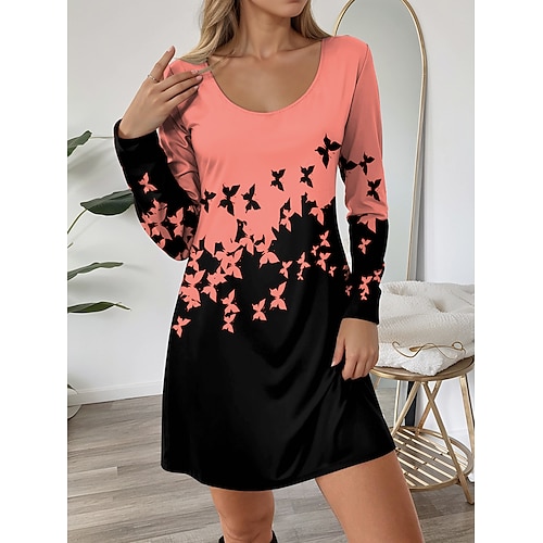 Frauen Mini Kleid Rundhalsausschnitt Lange Ärmel T-Shirt Kleid Tee Kleid A-Linien Kleid Lässig Täglich Reguläre Passform Grafik Schmetterling Weiß Pink Blau Lila Herbst Winter Image