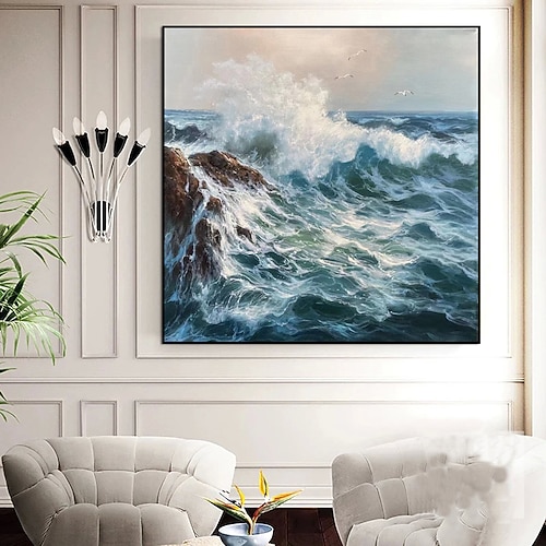 handgefertigtes Ölgemälde auf Leinwand, Wandkunst, Dekoration im modernen Stil, Meereswellen, Rifflandschaft für die Inneneinrichtung, gerolltes, rahmenloses, ungedehntes Gemälde Image