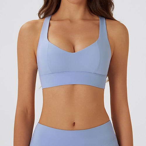 Damen Trainings-Tanktops Sport-BH Unterwäsche Medium Unterstützung Atmungsaktiv Bürgellos Gefüttert Einfarbig Sport Sportkleidung Schwarz Blau Fitnessstudio Fitness Yoga Image