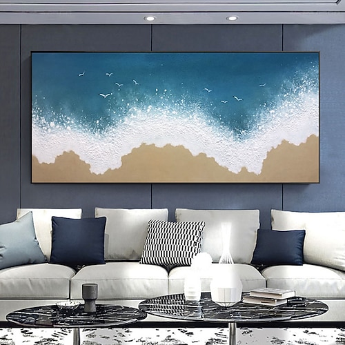 handgefertigtes Ölgemälde auf Leinwand, Wandkunst, Dekoration, moderne abstrakte Meeres- und Strandlandschaft für die Inneneinrichtung, gerolltes, rahmenloses, ungedehntes Gemälde Image