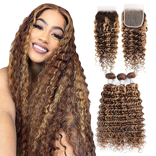 3 Bündel Echthaar-Highlights P4/27, tiefe Wellen-Echthaar-Extensions mit 44-Verschluss für schwarze Frauen Image