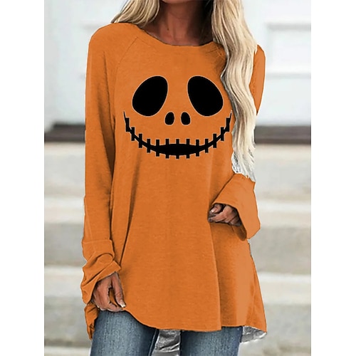 Damen T-Shirt Kürbis Langarm Grafik Geist Vintage Stilvoll Klassisch Langarm Rundhals Lange Oberteile Täglich Druck Weiß Rot Orange Frühling Herbst Vorherherbst Image