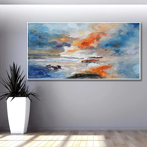handgefertigtes Ölgemälde auf Leinwand, Wandkunst, Dekoration, abstrakte Strand-Sonnenuntergangslandschaft für die Inneneinrichtung, gerolltes, rahmenloses, ungedehntes Gemälde Image