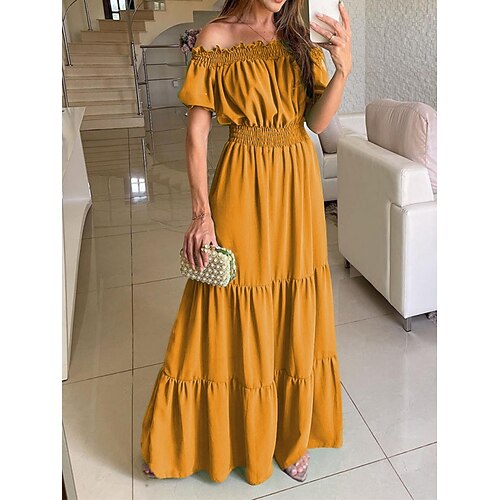 Damen Langes Kleid Maxikleid Cocktailkleid Kleid für Hochzeitsgäste Chiffon Schwingkleid Mode Modern Täglich Outdoor Urlaub Normale Passform Einfach Kurzarm Schulterfrei Blau Gelb Fuchsie Grün Sommer Image