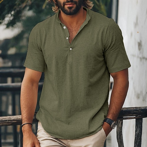 Herren Hemd Leinenhemd Popover-Hemd Sommerhemd Strandhemd Sommer Hawaiihemd Einfarbig Urlaub Straße Schwarz Weiß Rosa Marineblau Kurzarm Stehkragen Sommer Frühling Sommer Bekleidung Knöpfe Image