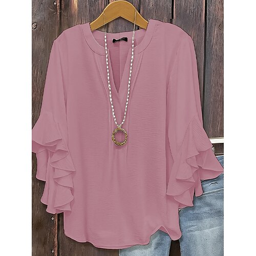 Damen Textur Bluse Bluse Rüsche Einfarbig Elegant Dreiviertelarm V Ausschnitt Normale Oberteile Täglich Schwarz Weiß Rosa Armeegrün Frühling Herbst Image