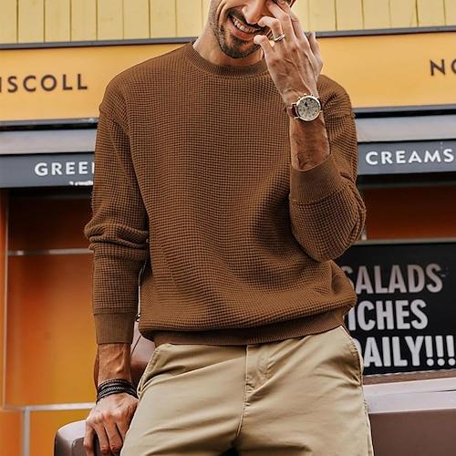Herren Pullover Gerippt Stricken Normale Oberteile Gestrickt Einfach Rundhalsausschnitt Strickware Zeitgenössisch Lässig Alltagskleidung Bekleidung Herbst Schwarz Braun S M L