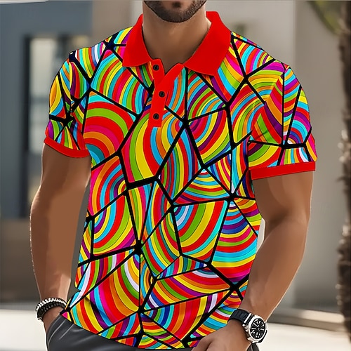 Herren Abstrakt Geometrisch Polo Kurzarm Polo-Shirts Hemden mit Kragen Lässig Straße Athleisure Alltagskleidung 3D-Druck Knöpfe Sommer Rote Purpur Grün Image