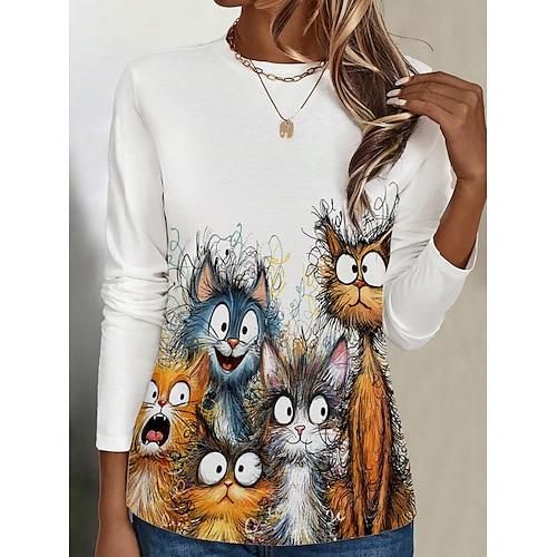 Damen T-Shirt Crew Neck Langarm Tunika Grafik Tier Katze Lässig Regulär Tops Daily Wochenende Print Weiß Herbst