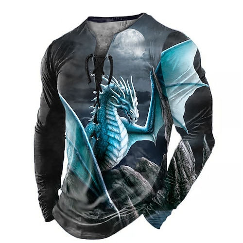 Sarah Richter Herren Drache 3D Henley Shirt T-Shirt Tee Lange Ärmel T-Shirt 3D Druck Schnürhals Henley Shirt Mode Freizeit Vintage Retro Tee Image