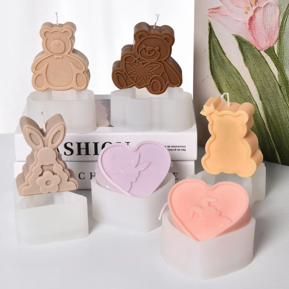 Flache Kaninchen Kerze Silikon Form DIY Bär handgemachte Seife Form Herz Harz Gips Form für Eis Tablett Home Decor Schreibtisch Ornament Image