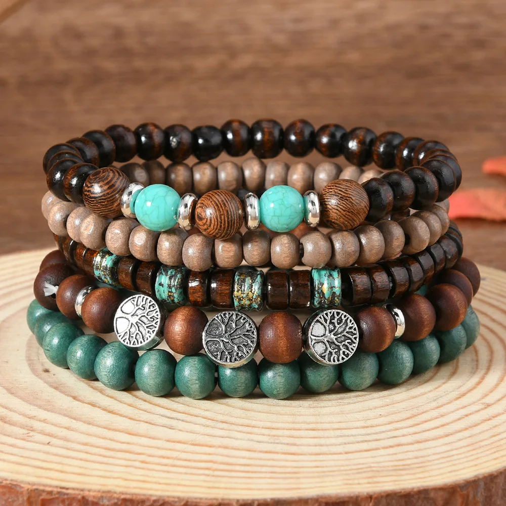 Vintage ethnische Holzperlen Armbänder für Männer Mode Türkis Naturstein Lebensbaum mehrschichtige Perlen Armbänder Geschenke