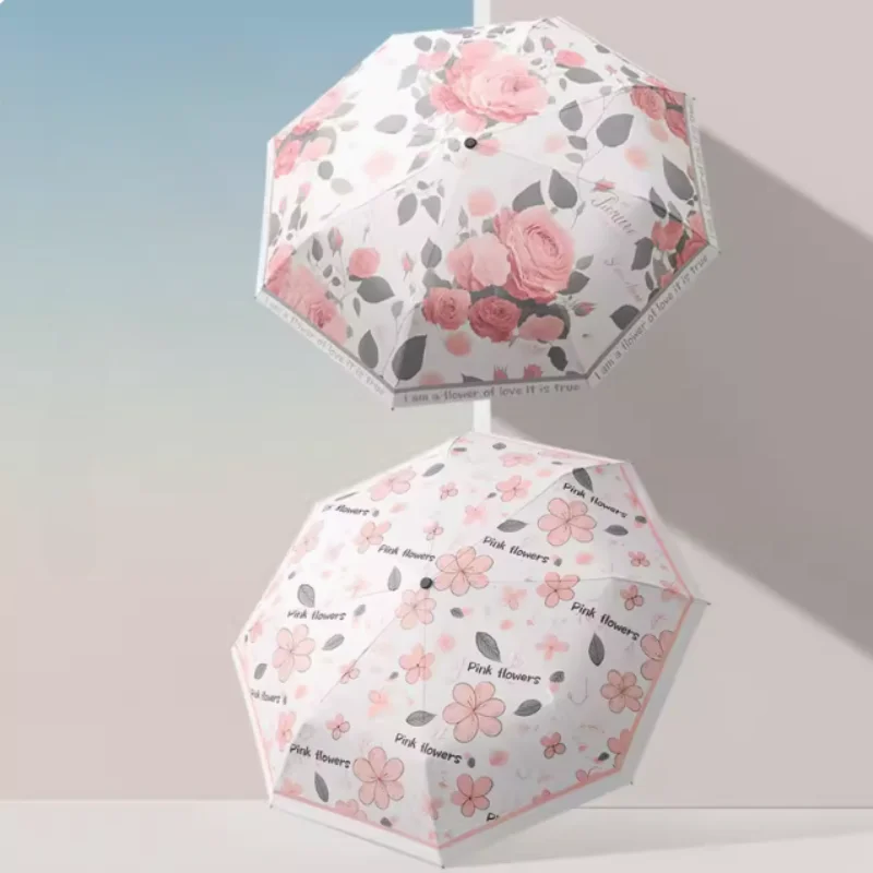 Kleiner frisch bedruckter Regenschirm mit Holzgriff, dreifach schwarzer Jacke, Sonnenschutz und UV-Schutz Image