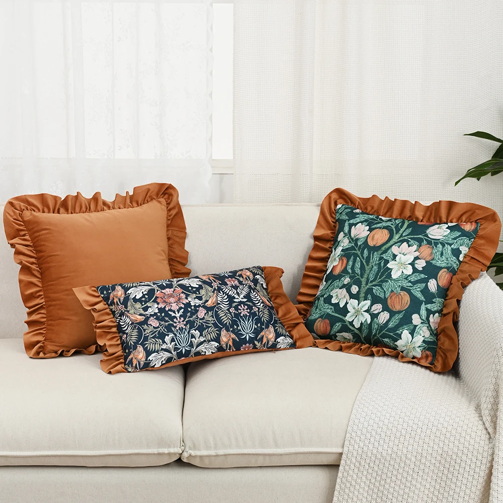 BUYNOW Orange Blumen Jacquard Hollandaise Spitze Kissenbezug Vintage Pastoral Wohnzimmer Sofa Kissenbezug Home Schlafzimmer Dekor Image