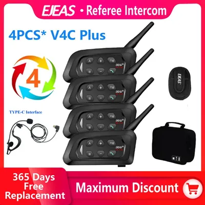 Ejeas 4pcs v4c plus Fußball Schiedsrichter Intercom Headset 1500m Voll duplex Bluetooth Kopfhörer Konferenz Inter phone Handtasche