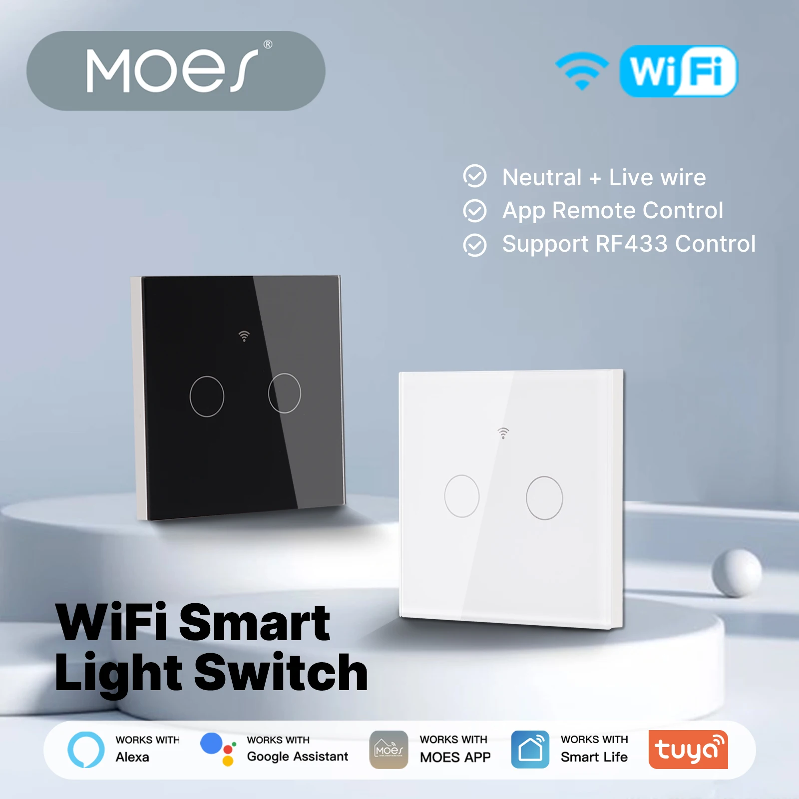 MOES Tuya WiFi Smart Lichtschalter Glas Touch Neutralleiter Optionale Unterstützung RF433 Timing-Funktion Funktioniert mit Alexa Google Home Image
