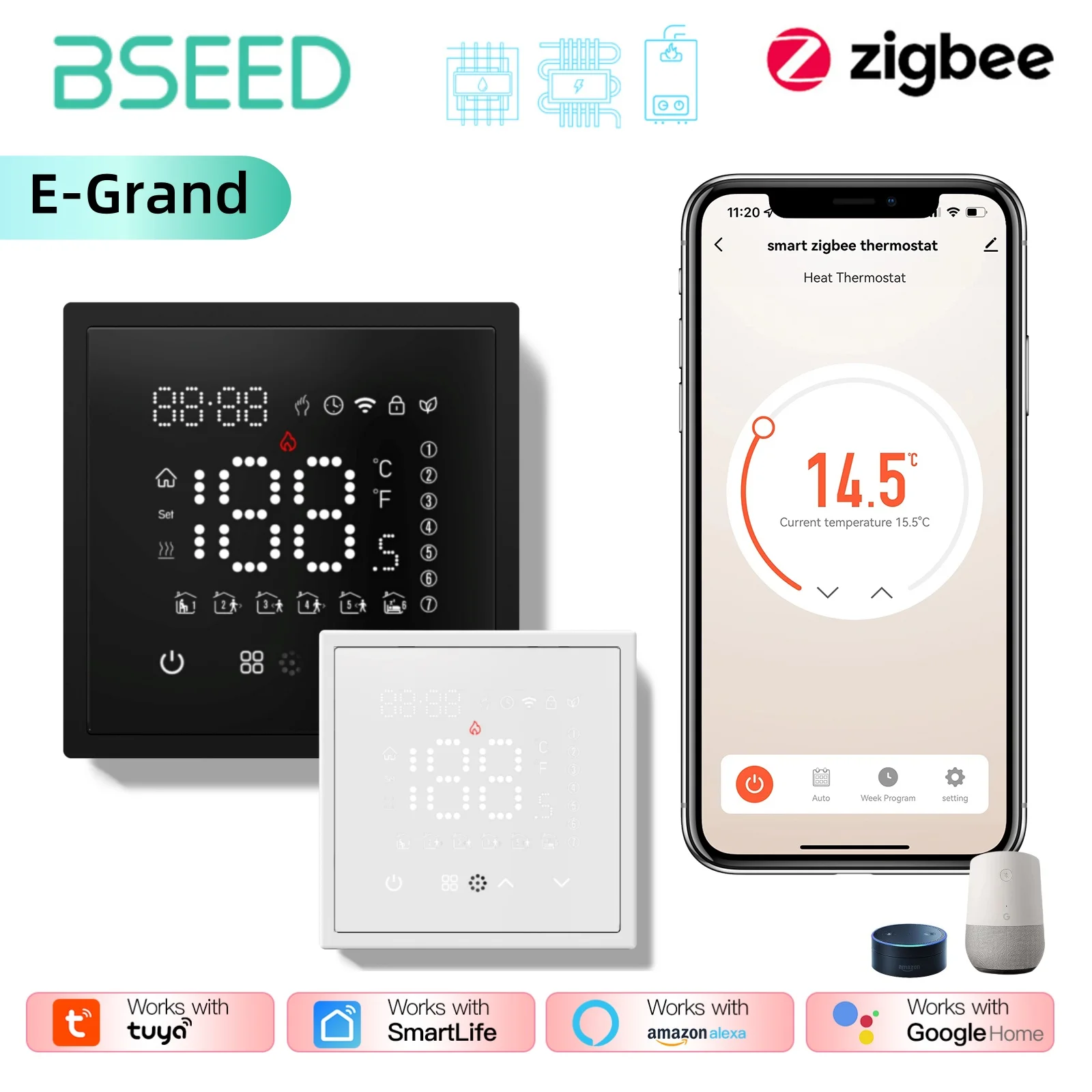 Bseed Zigbee Thermostat für Wasser- und Elektro-Fußbodenheizung sowie Gaskessel mit Google Alexa E-Serie Fernbedienung