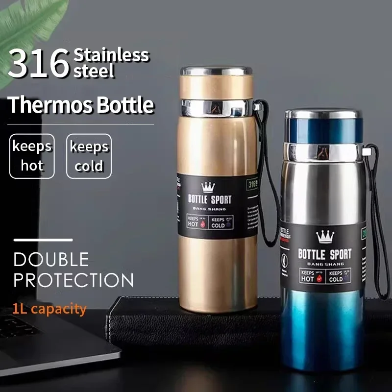 1 l Thermo-Wasserflasche, hält kalte und heiße Wasserflasche, Thermoskanne für Wasser, Tee, Kaffee, Isolierflaschen, Edelstahl-Thermosflasche Image