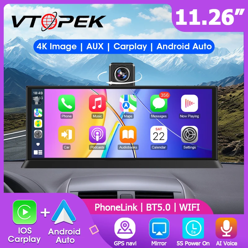 11,26 Zoll Dash Cam 4K Auto DVR Wireless Carplay Android Auto Upgrade 360 ° Rotierende Kamera GPS-Navigation Videorecorder Armaturenbrett Image