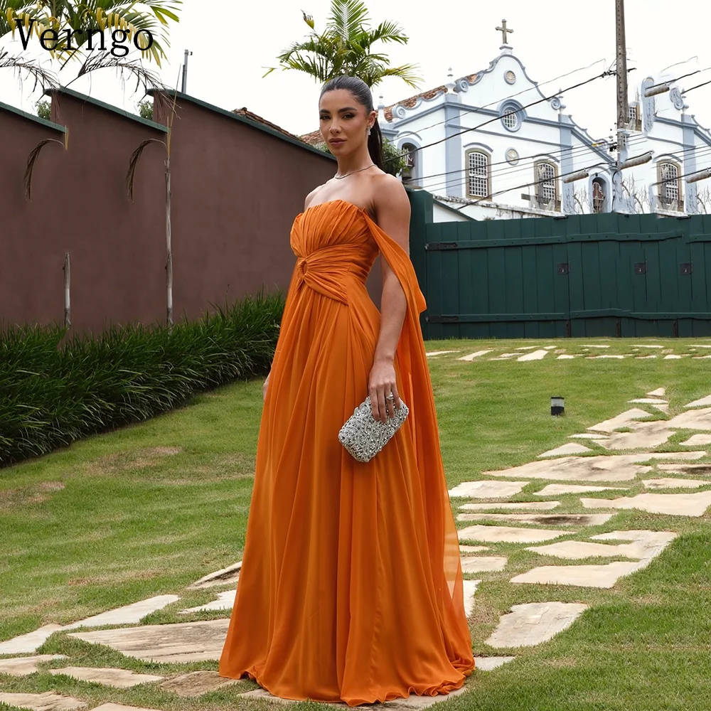 Verngo Orange Abendkleid, elegant, schulterfrei, A-Linie, Ballkleid, fließendes, handgefaltetes Seiden-Abschlussball-Partykleid, individuell gestaltet