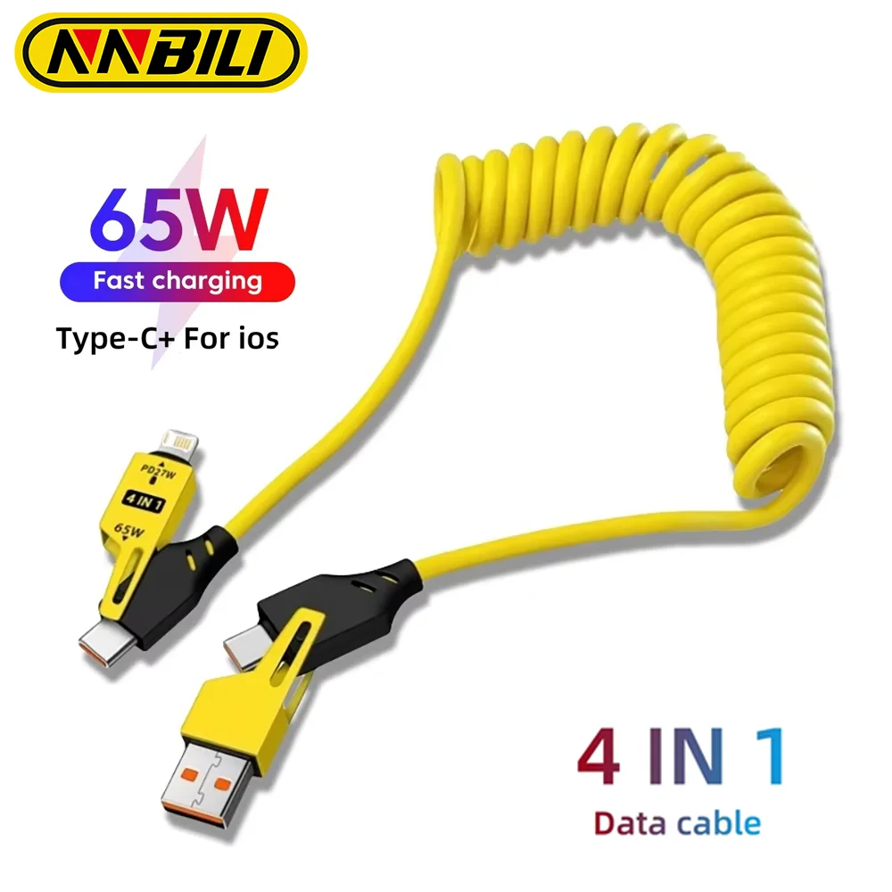 NNBILI 4 in 1 65W Cavo dati corto a molla 6A USB Tipo C Cavo a molla telescopico per caricabatterie rapido per iPhone 15 14 13 11