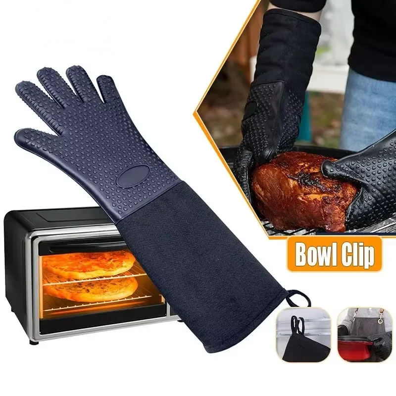 Extra lange professionelle Silikon-Ofenhandschuhe mit gestepptem Innenfutter, langlebige, hitzebeständige Grill-Ofenhandschuhe, Backwerkzeuge Image