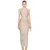 2025 frauen Promi Sexy Ärmellose Diamanten Backless Geraffte Beige Maxi Lange Kleider Kleid Elegante Abend Party Club Vestido