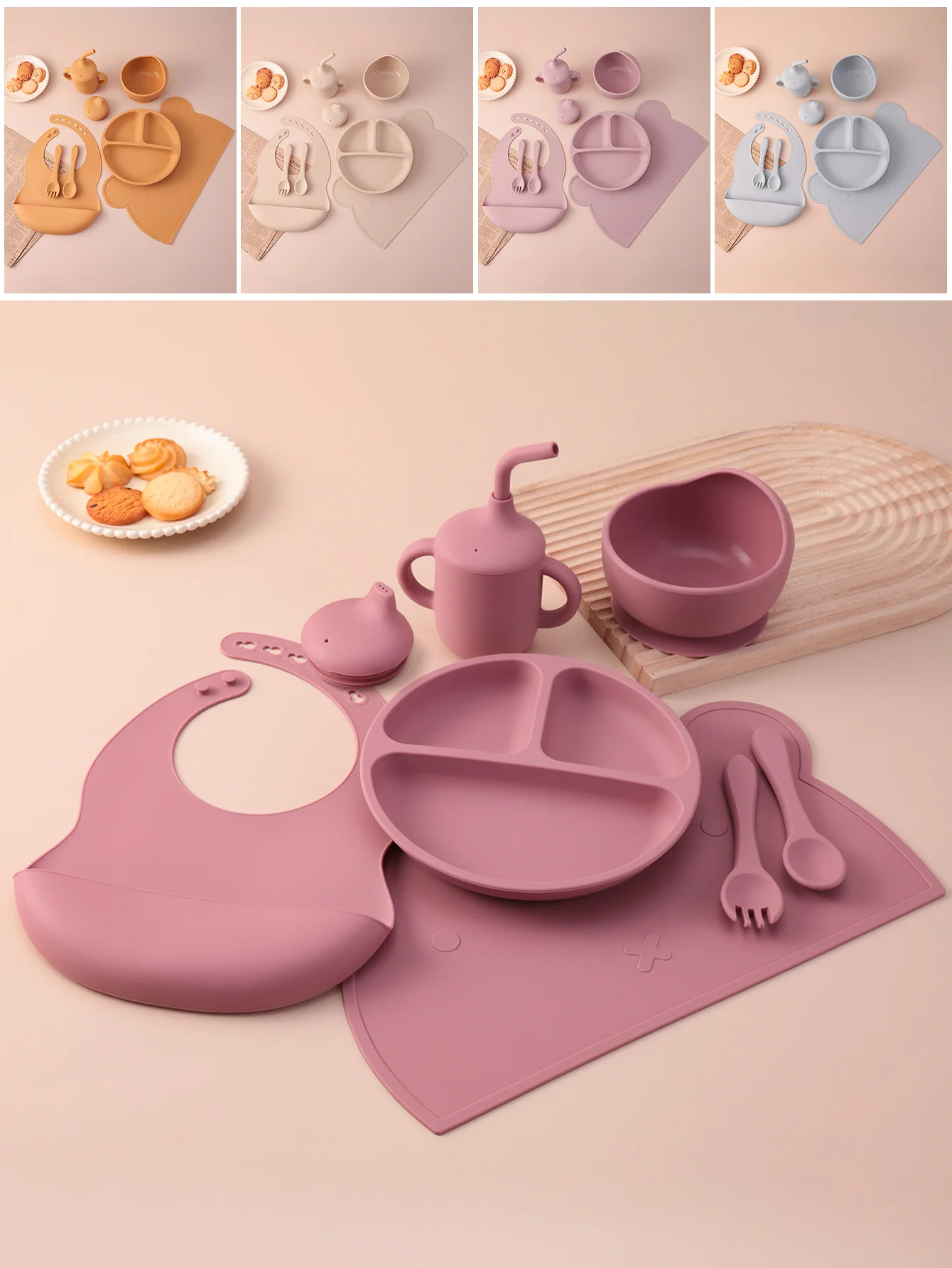 7PCS Silikon Baby Fütterung Set Unterteilt Platten Saug Schüssel BPA FREI Löffel Stroh Tasse Kleinkind Selbst Feed Essentials Neugeborenen Image