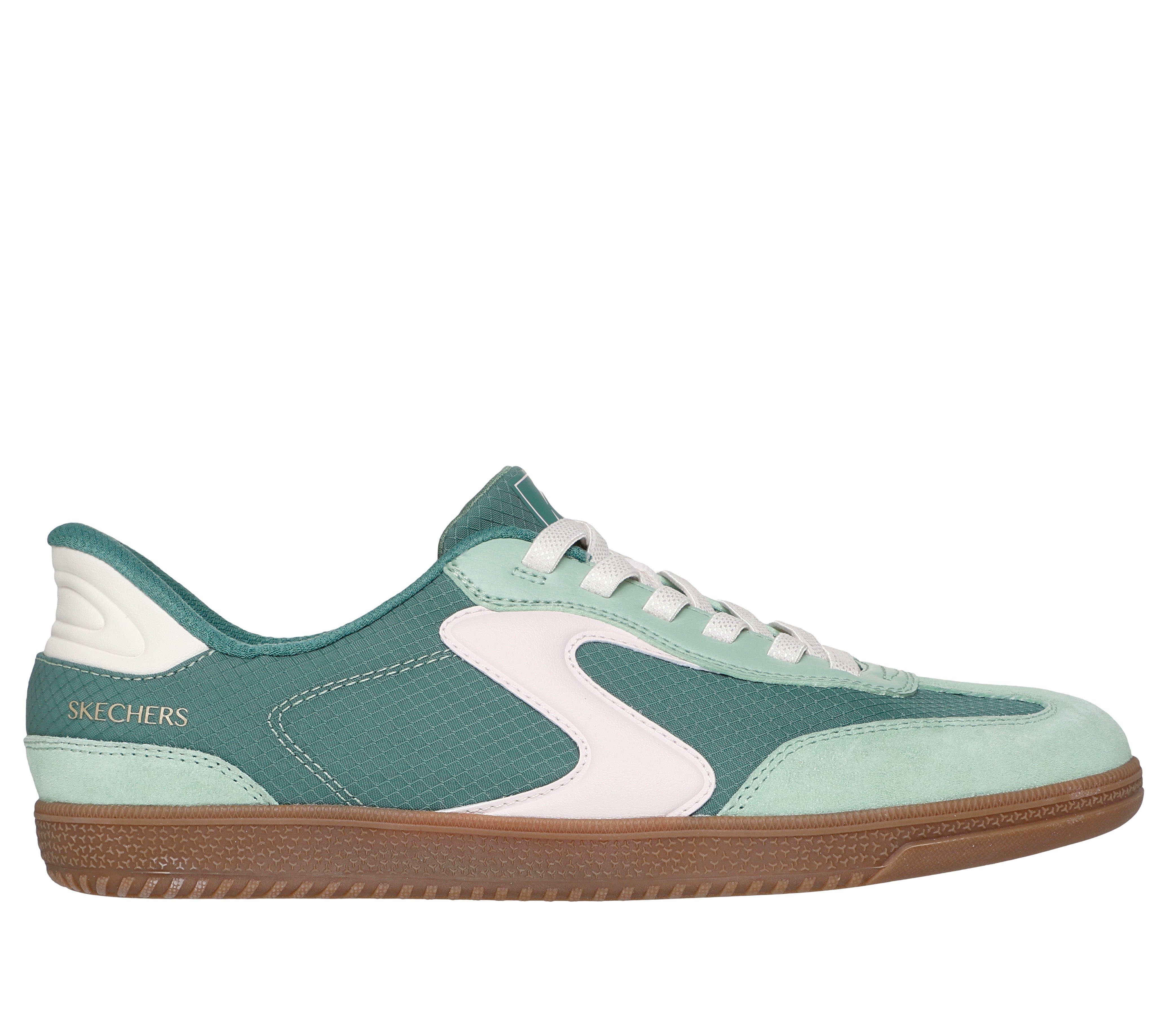 Slip-On Sneaker SKECHERS "HOTSHOT-EVERYDAY EASE", Damen, Gr. 38, grün, hellrosa, Lederimitat, Nylon, Veloursleder, Schuhe, Retro Sneaker, Schnürschuh mit Slip-ins
