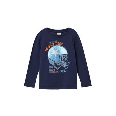 Langarmshirt S.OLIVER JUNIOR, Jungen, Gr. 116/122, blau (navy), Jersey, Obermaterial: 100% Baumwolle, bedruckt, casual, regular fit hüftbedeckend, Rundhals, Langarm, Shirts, mit Print und Wendepailletten, für Kids Image