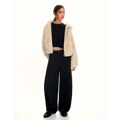 Bershka Hooded Faux Fur Jacket Women 10-12 Sand
