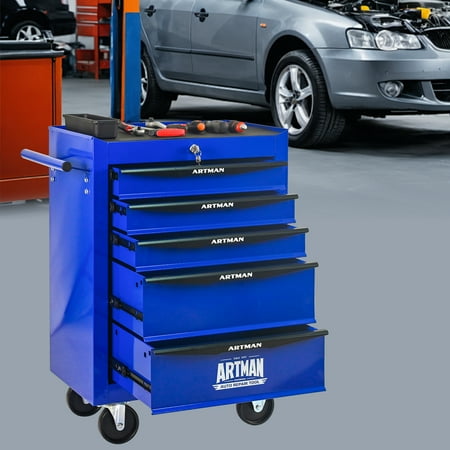 Rolling Metal Tool Chest with 5 Drawers 20 5-Drawer Tool Chest Cabinet with Ball Bearing Drawer Slides Steel Tool Storage Box Organizer -BLACK&BLUE