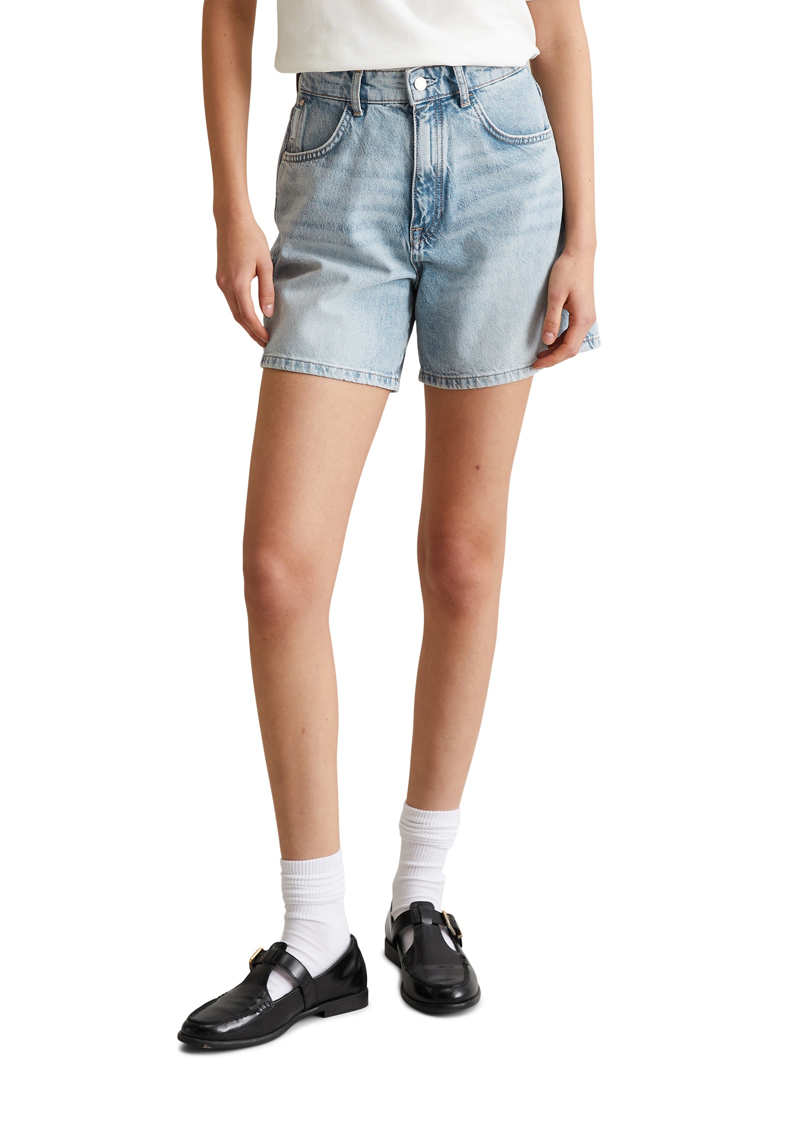 Shorts MARC O'POLO DENIM "aus Rigid Denim", Damen, Gr. 27, Normalgrößen, blau (light blau), Obermaterial: 100% Baumwolle, unifarben, relaxed fit kurz, Hosen Shorts