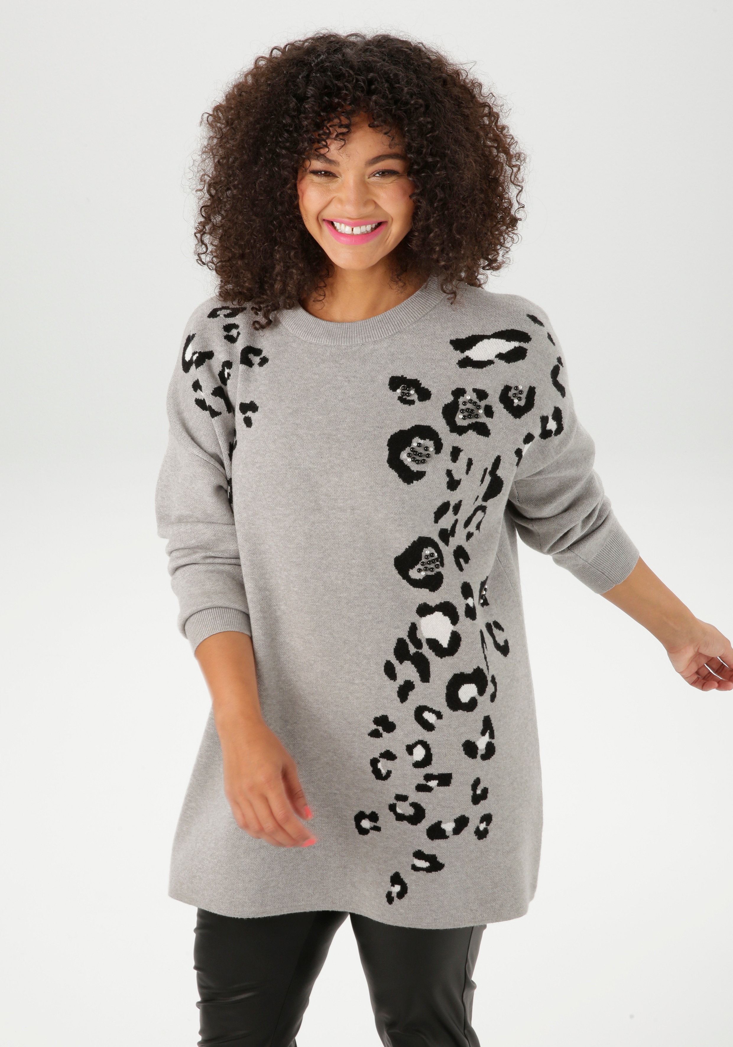 Strickpullover ANISTON PLUS, Damen, Gr. 44, grau, schwarz, weiß, melange, Strick, Obermaterial: 50% Viskose, 28% Polyester, 22% Polyamid, animal-print, figurumspielend hüftlang, Rundhals, Rippbündchen, Pullover Strickpullover, mit Animal-Deatils und...