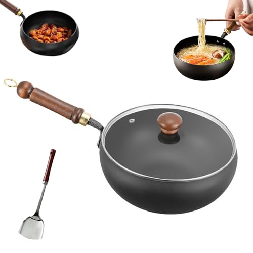 Usceshonn Iron Pot, Handmade Hammered Large Belly Pot, Suntuup Japanese Iron Pan Uncoated Thick Ironpot, Non-Stick Large Belly Cooking Pots with Lid for Cooker Gas Stir Fry Pans (Glass Lid,28cm)