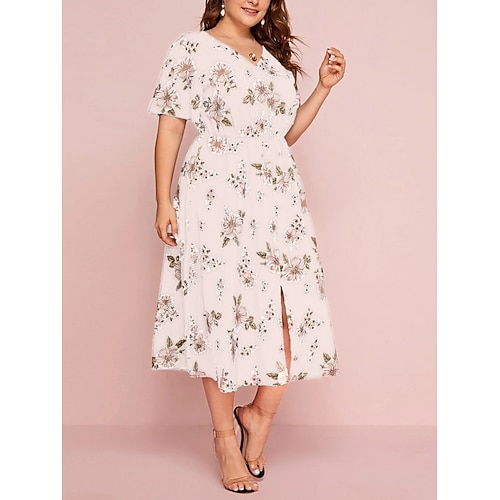 Per donna Taglie Forti Vestito Casual Floreale Scollo a V Manica Corta Estate Primavera Elegante Moda Moderno Casual Abito Midi Quotidiano Ferie Vestito