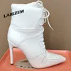 LAIGZEM Damen-Stiefeletten, spitze Zehen, dünne High Heels, kurze Stiefel, Schnürung, Kunstleder, Damenschuhe, Damen, große Größe 38, 42, 45, 47
