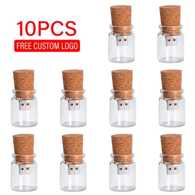 10 teile/los USB 2,0 Flash-Laufwerke 128 GB 64 GB Kostenlose Individuelles Logo Glas Drift Flasche mit Korken Stift 32 GB 16 GB Hochzeit Geschenke U Disk Image