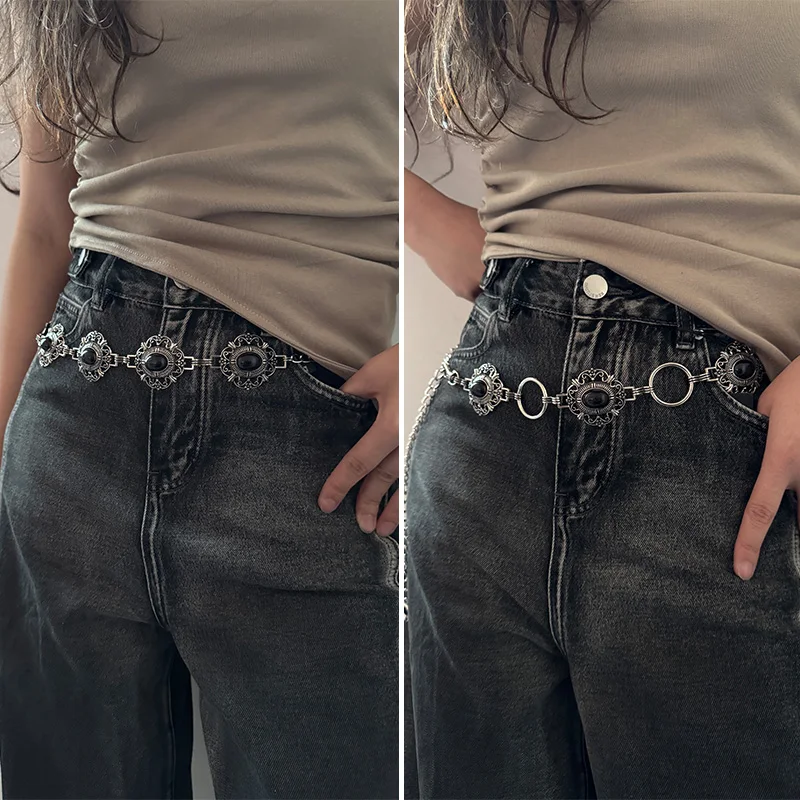 Frauen Cosplay Taille Kette Gürtel Weibliche Schwarze Edelsteine Stein Kristall Halloween Kostüm Gothic Zubehör Punk Jeans Bund Image