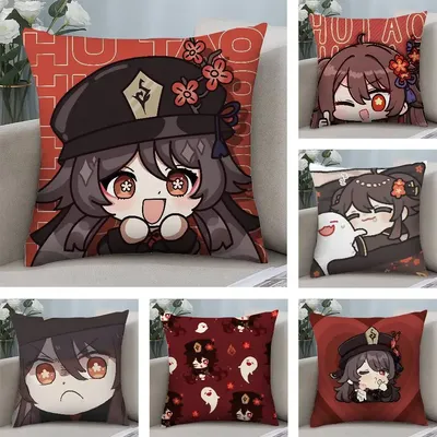 Kawaii G-Genshin Hu Tao Kissenbezug, kurzer Plüsch, doppelseitiger Druck, quadratische Dekokissenbezüge, Sofa, Heimkissen, Dekor Image