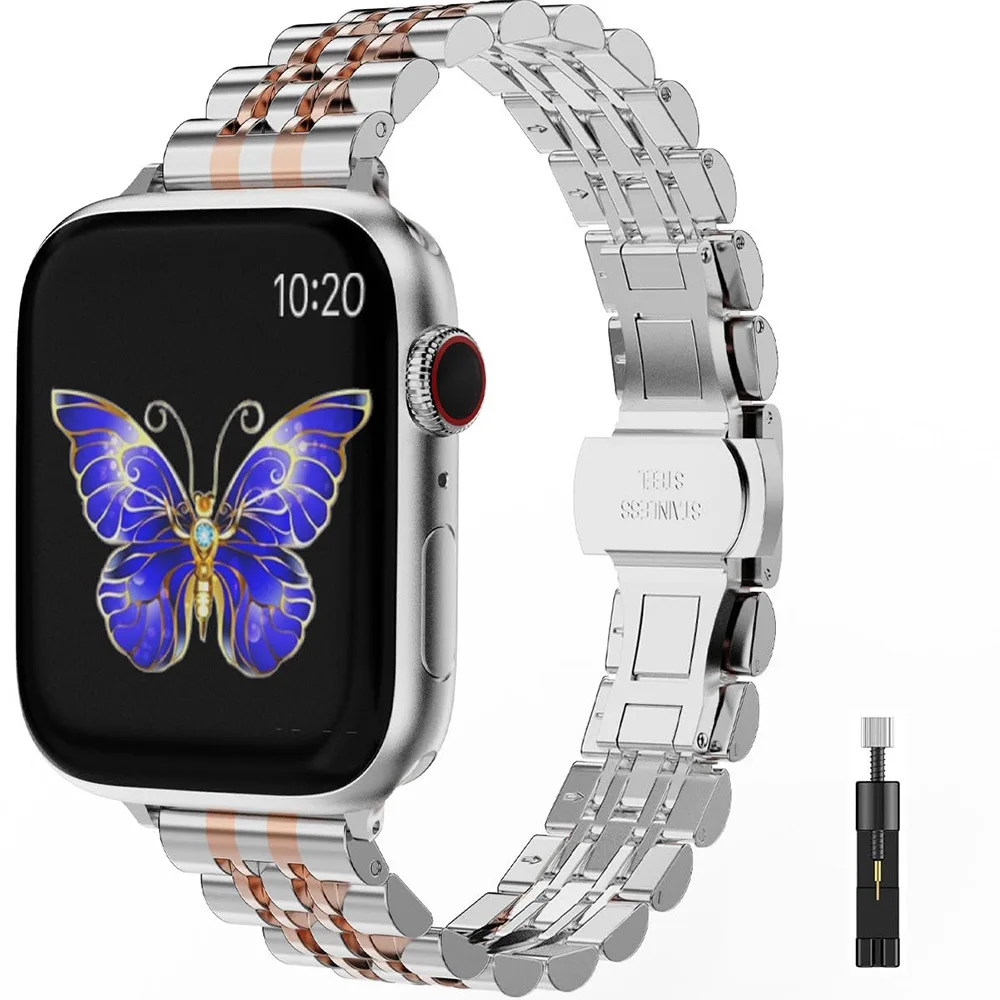 Edelstahl-Uhrenarmband für ApplewatchS10, kleines Metallarmband mit sieben Perlen, massives Edelstahl-Kristall-Metallarmband Image
