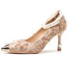 Women's Protective Fairy Feather Pointed Heels with Pearl Chain Ankle Strap & Diamond Butterfly 5cm/7.5cm Stiletto Cotton Blend Slip-Resistant Sole Sizes 34-44,Apricot(Heel:7.5cm),9 UK