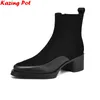 Krazing Pot Große Größe 34-43 Kuh Wildleder Runde Kappe High Heels Retro Moderne Stiefel Warme Winter Herbst Schuhe prägnante Plattform Stiefeletten