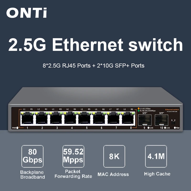ONTi 2,5G Unmanaged Ethernet Switch 8-Port 2,5GBASE-T Netzwerk-Switch mit 10G SFP+ Port Plug and Play Lüfterloser Homelab-Switch Image