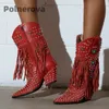 Edelsteine mit Fransen, Western-Cowboystiefel, Damen-Trends, sexy rot, schwarz, spitzer Zehenbereich, Blockabsatz, mittelhohe Stiefel, volle Strass-Schuhe