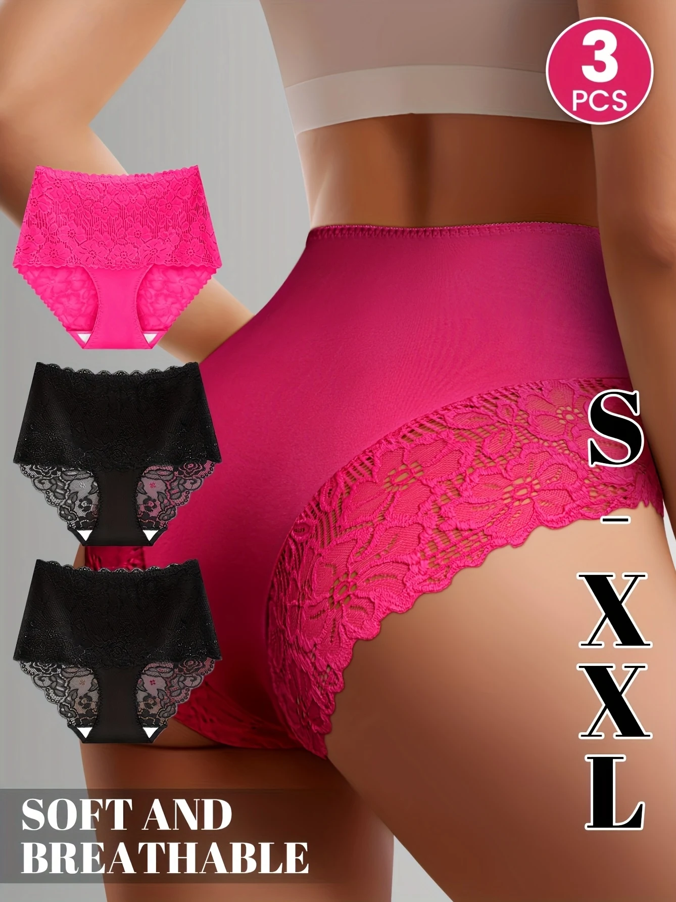 3er-Pack Damen-Slips mit hoher Taille – weiche, atmungsaktive, florale Spitzenhöschen mit Bauchkontrolle, Schwarz und Rosa, elegant Image