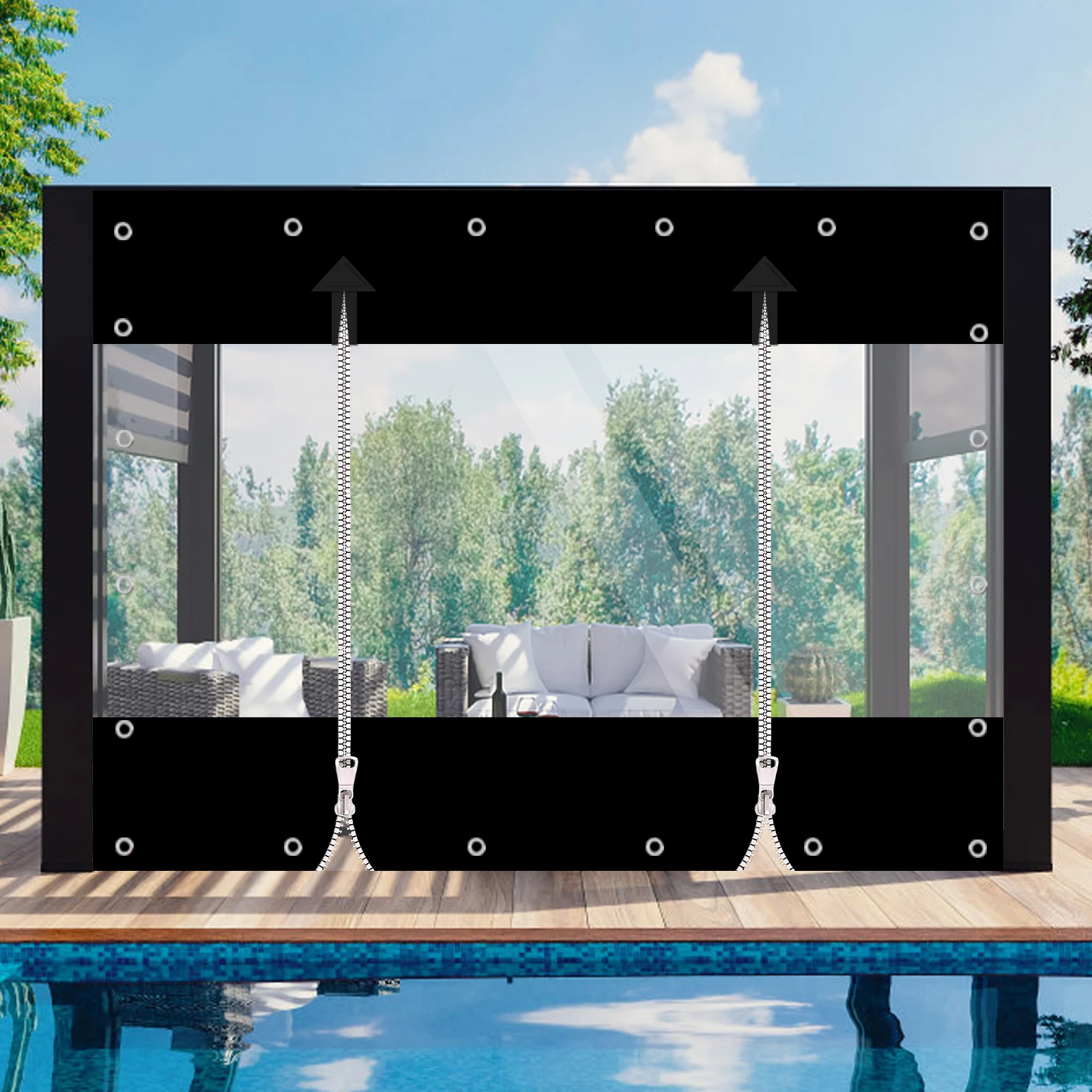 PVC-Plane mit zwei Reißverschlüssen, verdickt, 0,55 mm, 650 g/m2, wasserdichte Plane, Vinyl-Außenvorhänge für Terrasse, Pergola, Pavillon, Veranda Image